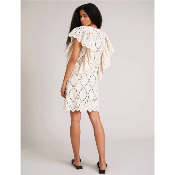 MUNTHE Hico Ruffle Sleeve Eyelet Embroidered Cream Shift Mini Dress Sz 36 - Picture 10 of 11
